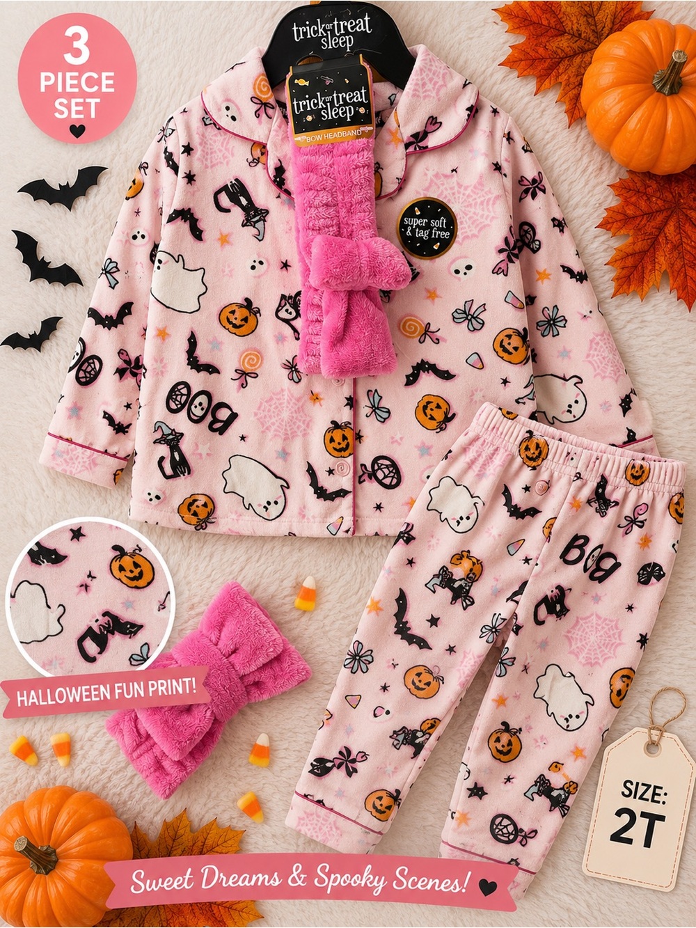 Trick or Treat Sleep Girls' Pink Halloween Pajama Set - 3 Piece